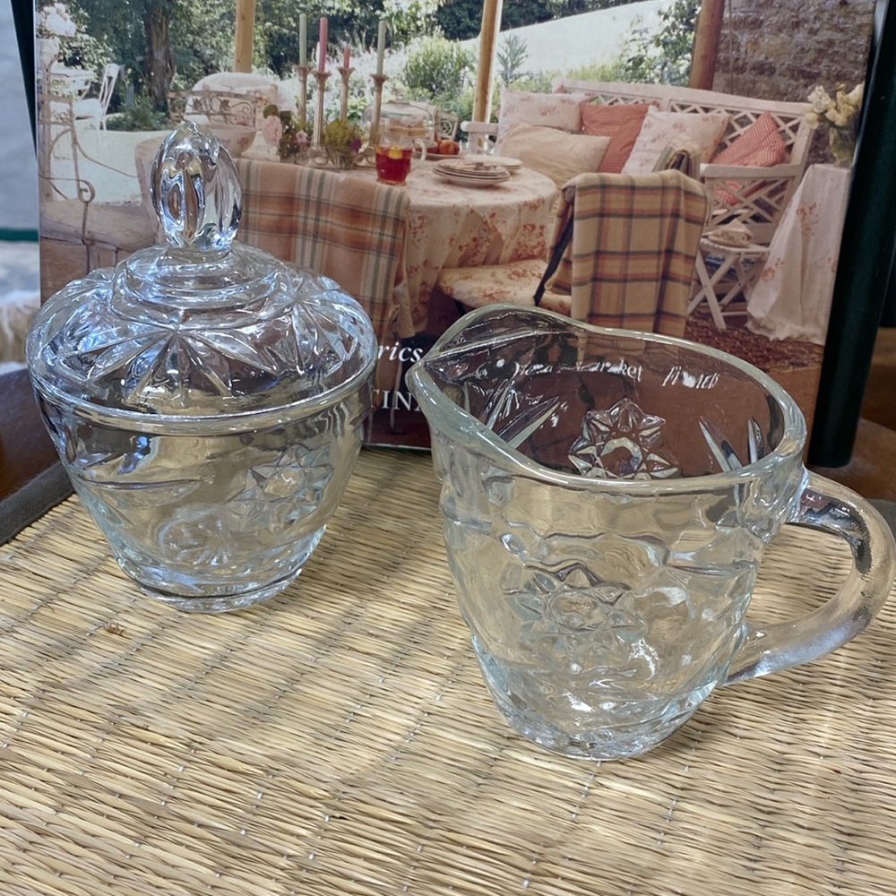 Anchor Hocking Prescut Clear Glass Lidded Sugar Bowl and Creamer Set.